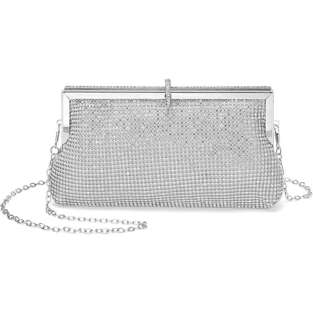 🆕Women Silver Polyester Crystal Rhinestone Evening Clutch Purse Crossbody